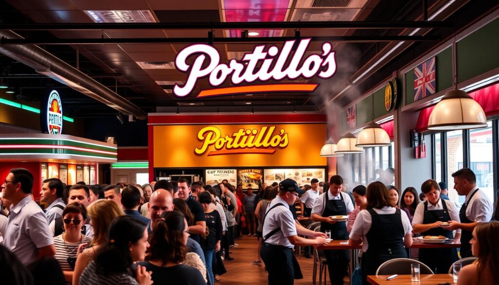 A vibrant, dynamic scene of Portillo's restaurant during its peak hours. The foreground features a bustling crowd of customers waiting in line, their faces animated with anticipation. Servers in crisp uniforms dart between tables, delivering steaming plates of signature dishes. The middle ground showcases the iconic Portillo's logo and branding, lending a sense of place and recognition. In the background, the interior of the restaurant is bathed in warm, inviting lighting, creating a cozy, welcoming atmosphere. The overall composition conveys the energy and excitement of Portillo's at its busiest, perfectly capturing the essence of the "Peak Hours and Best Times to Visit" section. A vibrant, dynamic scene of Portillo's restaurant during its peak hours. The foreground features a bustling crowd of customers waiting in line, their faces animated with anticipation. Servers in crisp uniforms dart between tables, delivering steaming plates of signature dishes. The middle ground showcases the iconic Portillo's logo and branding, lending a sense of place and recognition. In the background, the interior of the restaurant is bathed in warm, inviting lighting, creating a cozy, welcoming atmosphere. The overall composition conveys the energy and excitement of Portillo's at its busiest, perfectly capturing the essence of the "Peak Hours and Best Times to Visit" section.