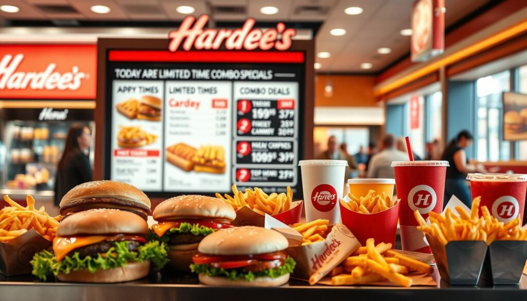 A vibrant food court display showcasing Hardee's mouthwatering lunch specials. In the foreground, a well-lit, high-resolution tableau features a variety of savory burgers, crispy fries, and refreshing beverages, all artfully arranged to entice the viewer. The middle ground reveals an elegantly designed menu board highlighting today's limited-time offers and combo deals, presented in a clean, modern typeface. In the background, a soft-focus view of a bustling Hardee's restaurant setting, with customers enjoying their midday meals under warm, diffused lighting. The overall composition exudes a sense of quality, value, and the inviting atmosphere of a Hardee's lunchtime experience. A vibrant food court display showcasing Hardee's mouthwatering lunch specials. In the foreground, a well-lit, high-resolution tableau features a variety of savory burgers, crispy fries, and refreshing beverages, all artfully arranged to entice the viewer. The middle ground reveals an elegantly designed menu board highlighting today's limited-time offers and combo deals, presented in a clean, modern typeface. In the background, a soft-focus view of a bustling Hardee's restaurant setting, with customers enjoying their midday meals under warm, diffused lighting. The overall composition exudes a sense of quality, value, and the inviting atmosphere of a Hardee's lunchtime experience.