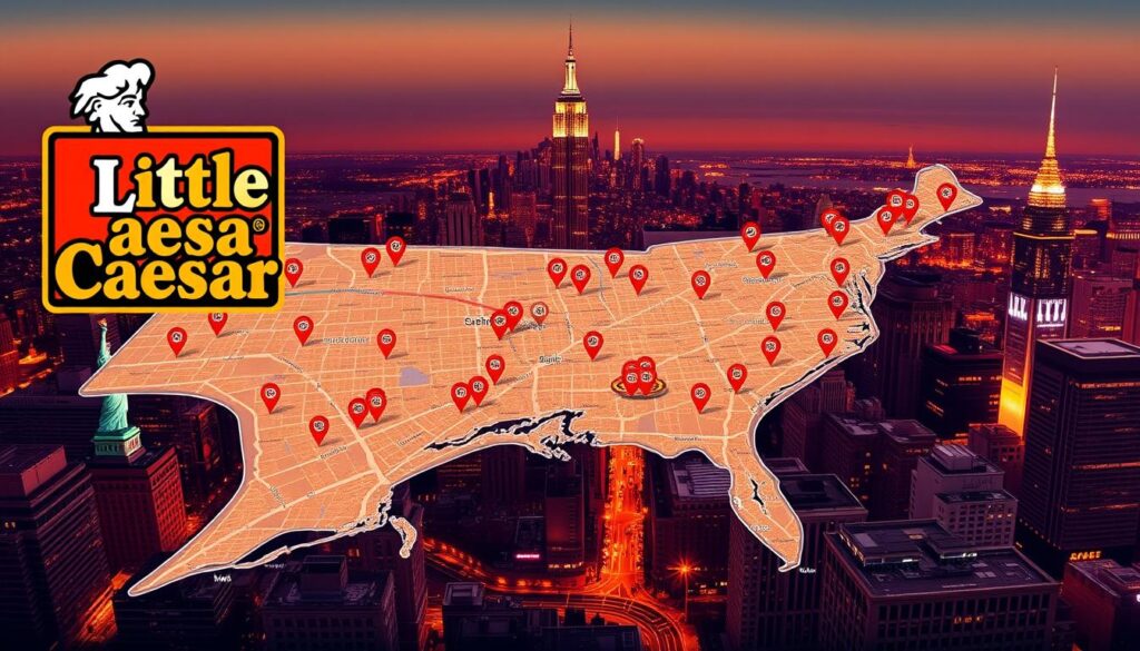 A vibrant map of the East Coast region, showcasing the strategic locations of Little Caesars pizzerias. The foreground features a stylized rendering of the iconic Little Caesars logo, its bold red and gold colors commanding attention. In the middle ground, a detailed map unfurls, pinpointing the precise locations of the brand's outlets across New York and New Jersey, highlighted with distinct markers. The background depicts the sprawling cityscape of the East Coast, with towering skyscrapers, bustling streets, and the iconic silhouettes of landmarks like the Statue of Liberty and the Empire State Building. The lighting is warm and inviting, creating a sense of energy and convenience, reflecting the brand's commitment to providing fast and accessible pizza services to the region. The overall composition conveys the widespread presence and accessibility of Little Caesars across the East Coast. A vibrant map of the East Coast region, showcasing the strategic locations of Little Caesars pizzerias. The foreground features a stylized rendering of the iconic Little Caesars logo, its bold red and gold colors commanding attention. In the middle ground, a detailed map unfurls, pinpointing the precise locations of the brand's outlets across New York and New Jersey, highlighted with distinct markers. The background depicts the sprawling cityscape of the East Coast, with towering skyscrapers, bustling streets, and the iconic silhouettes of landmarks like the Statue of Liberty and the Empire State Building. The lighting is warm and inviting, creating a sense of energy and convenience, reflecting the brand's commitment to providing fast and accessible pizza services to the region. The overall composition conveys the widespread presence and accessibility of Little Caesars across the East Coast.