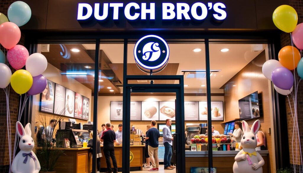 A vibrant, modern-looking storefront with the distinctive Dutch Bros logo prominently displayed. The entrance is framed by Easter-themed decorations, such as pastel-colored balloons and a playful bunny statue. Inside, the store is bustling with customers, the baristas efficiently preparing an array of colorful espresso drinks and seasonal coffee specials. Warm lighting and a cheerful atmosphere create a welcoming ambiance, hinting at the impact of the Easter holiday on the store's operations. The image captures the unique blend of Dutch Bros' signature style and the festive spirit of the holiday season. A vibrant, modern-looking storefront with the distinctive Dutch Bros logo prominently displayed. The entrance is framed by Easter-themed decorations, such as pastel-colored balloons and a playful bunny statue. Inside, the store is bustling with customers, the baristas efficiently preparing an array of colorful espresso drinks and seasonal coffee specials. Warm lighting and a cheerful atmosphere create a welcoming ambiance, hinting at the impact of the Easter holiday on the store's operations. The image captures the unique blend of Dutch Bros' signature style and the festive spirit of the holiday season.