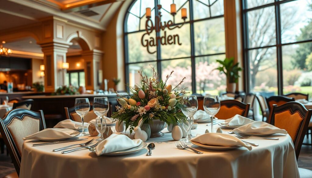 A well-lit, elegant interior of the Olive Garden restaurant, festively decorated for the Easter holiday. The foreground features a beautifully set table with white linens, fine china, and sparkling glassware. The table is adorned with a lush floral centerpiece, surrounded by an assortment of traditional Easter décor such as pastel-colored eggs, bunny figurines, and delicate spring flowers. The middle ground showcases the warm, inviting ambiance of the dining room, with soft lighting, intricate architectural details, and glimpses of the kitchen in the distance. The background depicts a large window, offering a view of a serene, sun-dappled outdoor scene, with blooming trees and a tranquil garden. The overall mood is one of refined sophistication and joyful celebration, perfectly capturing the essence of an Olive Garden Easter holiday dining experience. A well-lit, elegant interior of the Olive Garden restaurant, festively decorated for the Easter holiday. The foreground features a beautifully set table with white linens, fine china, and sparkling glassware. The table is adorned with a lush floral centerpiece, surrounded by an assortment of traditional Easter décor such as pastel-colored eggs, bunny figurines, and delicate spring flowers. The middle ground showcases the warm, inviting ambiance of the dining room, with soft lighting, intricate architectural details, and glimpses of the kitchen in the distance. The background depicts a large window, offering a view of a serene, sun-dappled outdoor scene, with blooming trees and a tranquil garden. The overall mood is one of refined sophistication and joyful celebration, perfectly capturing the essence of an Olive Garden Easter holiday dining experience.
