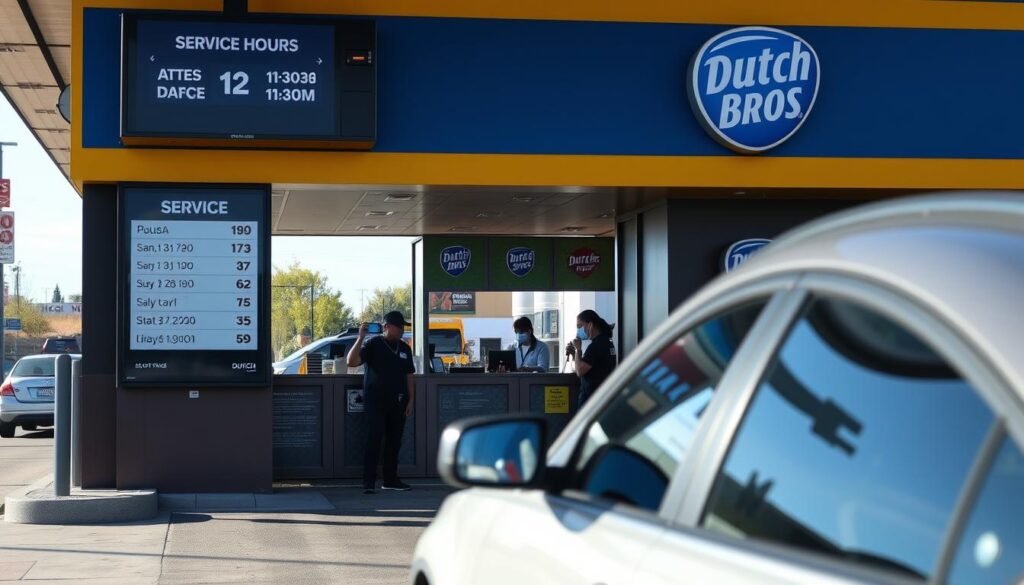 A well-lit, high-resolution photograph of a Dutch Bros Coffee drive-thru service area during daytime hours. The foreground features a modern drive-thru lane with a digital menu board displaying the current service hours. The middle ground shows the drive-thru service window and friendly baristas ready to take orders. The background depicts the distinctive Dutch Bros branding, including the signature blue and yellow color scheme and logo. The scene conveys a welcoming, efficient, and energetic atmosphere, capturing the essence of the Dutch Bros drive-thru experience. A well-lit, high-resolution photograph of a Dutch Bros Coffee drive-thru service area during daytime hours. The foreground features a modern drive-thru lane with a digital menu board displaying the current service hours. The middle ground shows the drive-thru service window and friendly baristas ready to take orders. The background depicts the distinctive Dutch Bros branding, including the signature blue and yellow color scheme and logo. The scene conveys a welcoming, efficient, and energetic atmosphere, capturing the essence of the Dutch Bros drive-thru experience.