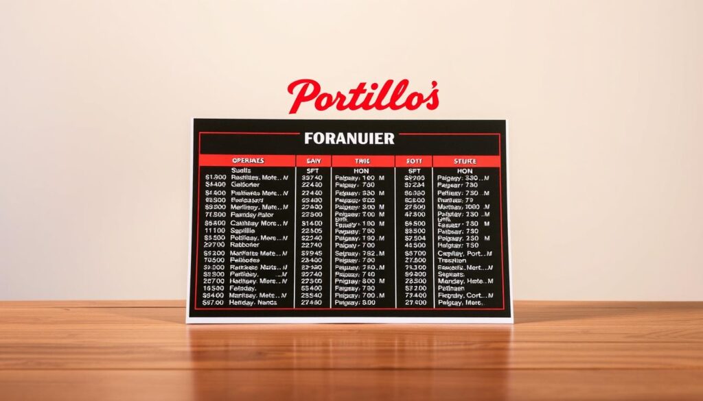 A well-lit, high-resolution photograph of a neatly organized Portillo's Restaurant hours guide, presented on a wooden table against a plain, neutral background. The guide should prominently display the operating hours for various locations, with clear and legible typography. The overall scene should convey a sense of professionalism, attention to detail, and the reliable information one would expect from a respected restaurant chain like Portillo's. The lighting should be soft and natural, with subtle shadows and highlights that enhance the clarity and visual appeal of the guide. The camera angle should be slightly elevated, creating a clean, organized, and visually appealing composition. A well-lit, high-resolution photograph of a neatly organized Portillo's Restaurant hours guide, presented on a wooden table against a plain, neutral background. The guide should prominently display the operating hours for various locations, with clear and legible typography. The overall scene should convey a sense of professionalism, attention to detail, and the reliable information one would expect from a respected restaurant chain like Portillo's. The lighting should be soft and natural, with subtle shadows and highlights that enhance the clarity and visual appeal of the guide. The camera angle should be slightly elevated, creating a clean, organized, and visually appealing composition.