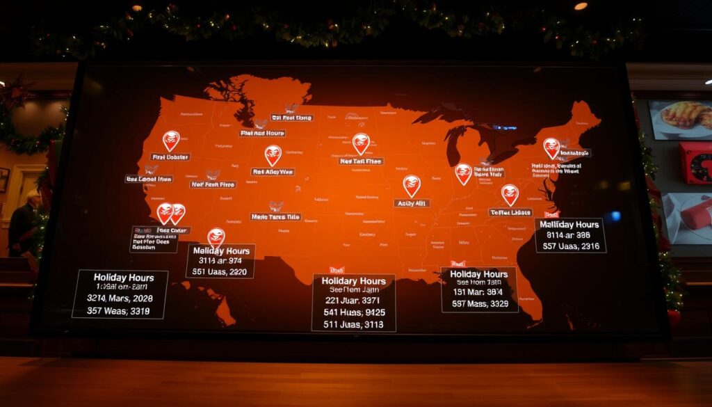 A wide-angle shot of a digital map displaying various regions, each highlighted with a distinct Red Lobster icon. The map is backlit with a warm, festive glow, creating an inviting atmosphere. In the foreground, subtle overlays showcase the holiday hours for each region, providing clear and concise information. The middle ground features a subtle background of holiday decorations and seafood-themed motifs, complementing the overall theme. The lighting is soft and evenly distributed, creating a sense of balance and clarity throughout the composition. A wide-angle shot of a digital map displaying various regions, each highlighted with a distinct Red Lobster icon. The map is backlit with a warm, festive glow, creating an inviting atmosphere. In the foreground, subtle overlays showcase the holiday hours for each region, providing clear and concise information. The middle ground features a subtle background of holiday decorations and seafood-themed motifs, complementing the overall theme. The lighting is soft and evenly distributed, creating a sense of balance and clarity throughout the composition.