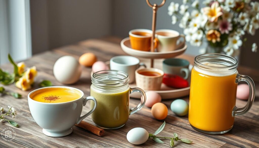 An elegant still life featuring a variety of Easter-themed coffee alternatives. In the foreground, a porcelain teacup filled with a vibrant golden turmeric latte, garnished with a sprinkling of cinnamon. Beside it, a glass jar of rich, frothy matcha tea, with a delicate sprig of fresh mint. In the middle ground, a tiered tray displaying an assortment of herbal infusions - chamomile, rooibos, and hibiscus - each presented in delicate ceramic mugs. In the background, a rustic wooden table is accented by a scattering of pastel-hued Easter eggs and a vase of fragrant spring blooms. Soft, diffused natural lighting casts a warm, inviting glow over the scene. An elegant still life featuring a variety of Easter-themed coffee alternatives. In the foreground, a porcelain teacup filled with a vibrant golden turmeric latte, garnished with a sprinkling of cinnamon. Beside it, a glass jar of rich, frothy matcha tea, with a delicate sprig of fresh mint. In the middle ground, a tiered tray displaying an assortment of herbal infusions - chamomile, rooibos, and hibiscus - each presented in delicate ceramic mugs. In the background, a rustic wooden table is accented by a scattering of pastel-hued Easter eggs and a vase of fragrant spring blooms. Soft, diffused natural lighting casts a warm, inviting glow over the scene.