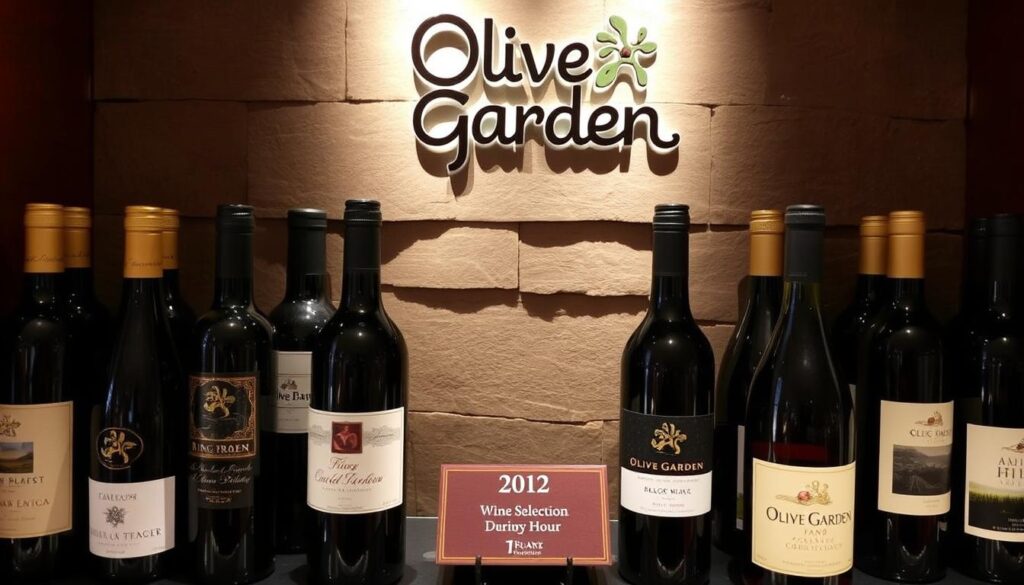 An elegant wine display showcasing Olive Garden's curated selection of fine vintages. Bottles of various shapes and sizes arranged in a sophisticated, well-lit display. Soft, warm lighting illuminates the bottles, highlighting their rich colors and textures. A wooden or stone background provides a rustic, yet refined ambiance. A small placard or sign discreetly indicates the section as "Wine Selection During Happy Hour". An overall atmosphere of sophistication, quality, and hospitality. An elegant wine display showcasing Olive Garden's curated selection of fine vintages. Bottles of various shapes and sizes arranged in a sophisticated, well-lit display. Soft, warm lighting illuminates the bottles, highlighting their rich colors and textures. A wooden or stone background provides a rustic, yet refined ambiance. A small placard or sign discreetly indicates the section as "Wine Selection During Happy Hour". An overall atmosphere of sophistication, quality, and hospitality.