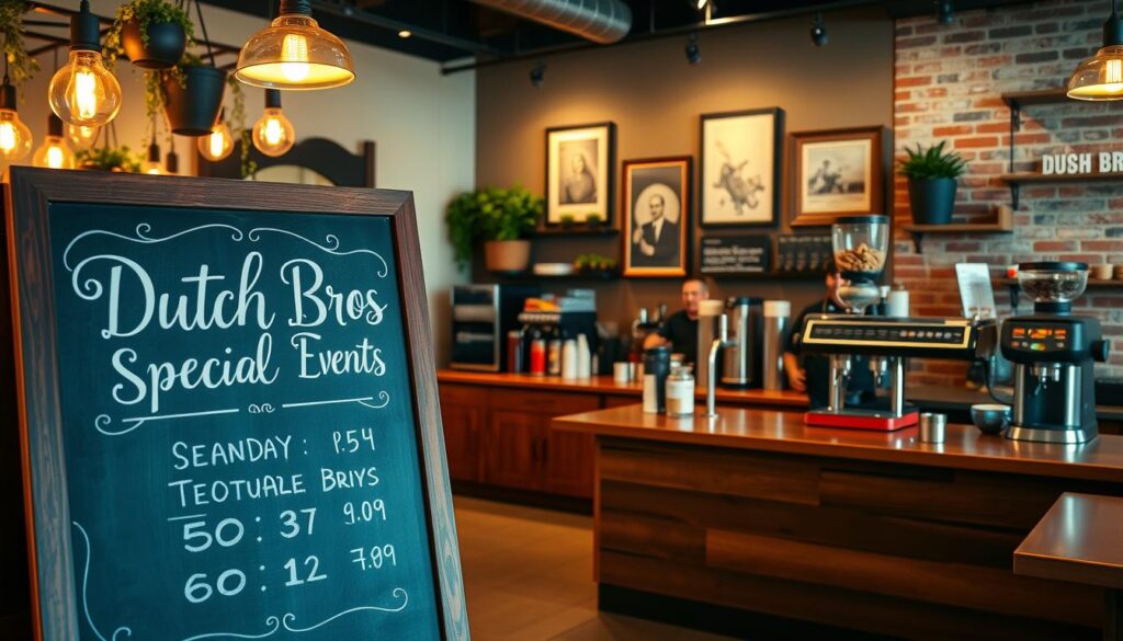 An indoor cafe scene with warm lighting and a cozy atmosphere. In the foreground, a chalkboard display showcases the "Dutch Bros Special Events Hours" with elegant calligraphy. The middle ground features a polished wooden counter, chrome espresso machines, and friendly baristas serving up signature drinks. The background shows a wall of vintage-inspired decor, including hanging plants, framed artwork, and a rustic brick accent wall. The overall vibe is inviting, energetic, and reflects the fun, unique character of the Dutch Bros brand. An indoor cafe scene with warm lighting and a cozy atmosphere. In the foreground, a chalkboard display showcases the "Dutch Bros Special Events Hours" with elegant calligraphy. The middle ground features a polished wooden counter, chrome espresso machines, and friendly baristas serving up signature drinks. The background shows a wall of vintage-inspired decor, including hanging plants, framed artwork, and a rustic brick accent wall. The overall vibe is inviting, energetic, and reflects the fun, unique character of the Dutch Bros brand.