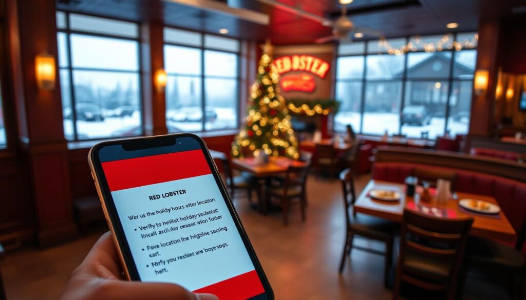 An inviting interior scene of a Red Lobster restaurant during the holiday season. The foreground features a smartphone display showing a Red Lobster mobile app or website, with clear instructions on how to verify the holiday hours of the nearest location. In the middle ground, a cozy dining area with festive decor like twinkling lights, a Christmas tree, and seasonal seafood dishes on the tables. The background showcases the restaurant's iconic architecture and a snowy winter landscape outside the windows, creating a warm and welcoming atmosphere. Soft, diffused lighting casts a gentle glow throughout the scene, and the camera angle is slightly elevated to provide an immersive, panoramic view. An inviting interior scene of a Red Lobster restaurant during the holiday season. The foreground features a smartphone display showing a Red Lobster mobile app or website, with clear instructions on how to verify the holiday hours of the nearest location. In the middle ground, a cozy dining area with festive decor like twinkling lights, a Christmas tree, and seasonal seafood dishes on the tables. The background showcases the restaurant's iconic architecture and a snowy winter landscape outside the windows, creating a warm and welcoming atmosphere. Soft, diffused lighting casts a gentle glow throughout the scene, and the camera angle is slightly elevated to provide an immersive, panoramic view.