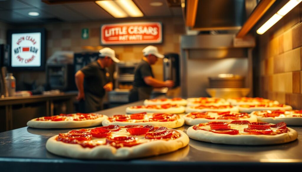 Early morning at a Little Caesars pizzeria. In the dimly lit kitchen, the staff is hard at work, preparing the iconic Hot-N-Ready pizzas for the day ahead. The counter is lined with freshly rolled out dough, ready to be topped with a generous layer of tangy tomato sauce and gooey mozzarella cheese. The aroma of baking bread and sizzling pepperoni fills the air, enticing early risers to stop in for a quick, satisfying breakfast. The scene is bathed in warm, golden lighting, creating a cozy and inviting atmosphere. The focus is on the detailed process of pizza preparation, capturing the care and attention to detail that goes into each Hot-N-Ready creation. Early morning at a Little Caesars pizzeria. In the dimly lit kitchen, the staff is hard at work, preparing the iconic Hot-N-Ready pizzas for the day ahead. The counter is lined with freshly rolled out dough, ready to be topped with a generous layer of tangy tomato sauce and gooey mozzarella cheese. The aroma of baking bread and sizzling pepperoni fills the air, enticing early risers to stop in for a quick, satisfying breakfast. The scene is bathed in warm, golden lighting, creating a cozy and inviting atmosphere. The focus is on the detailed process of pizza preparation, capturing the care and attention to detail that goes into each Hot-N-Ready creation.