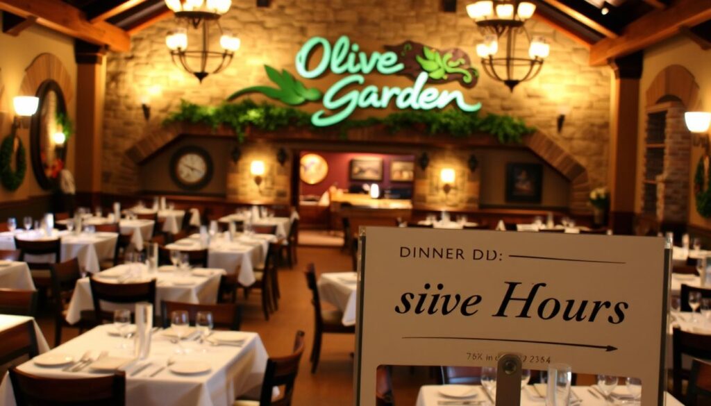 Intricate interior of an Olive Garden restaurant, with warm lighting illuminating the space. A spacious dining area, neatly set with white tablecloths, cutlery, and plates, creating an inviting ambiance. The walls are adorned with rustic, earthy-toned decor, transporting the viewer to a cozy, Italian-inspired setting. In the foreground, a prominent sign displays the "Dinner Service Hours" in elegant lettering, providing the necessary information. The scene conveys a sense of hospitality and attentive service, perfectly capturing the essence of the Olive Garden dining experience. Intricate interior of an Olive Garden restaurant, with warm lighting illuminating the space. A spacious dining area, neatly set with white tablecloths, cutlery, and plates, creating an inviting ambiance. The walls are adorned with rustic, earthy-toned decor, transporting the viewer to a cozy, Italian-inspired setting. In the foreground, a prominent sign displays the "Dinner Service Hours" in elegant lettering, providing the necessary information. The scene conveys a sense of hospitality and attentive service, perfectly capturing the essence of the Olive Garden dining experience.