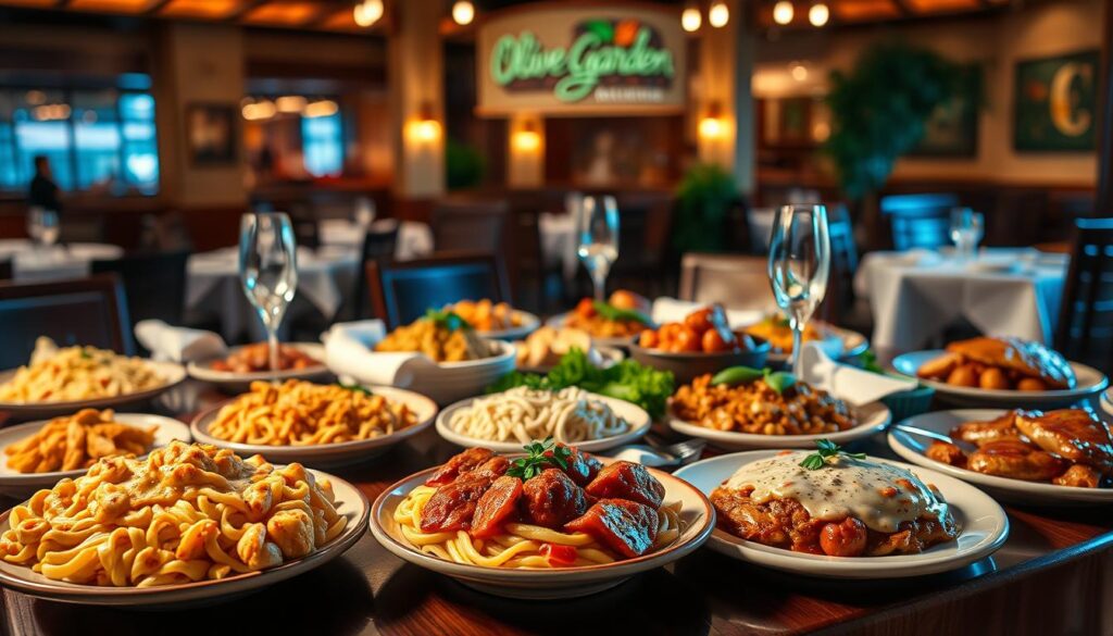Olive Garden Dinner Menu Classic Entrées. Opulent, illuminated table setting showcasing a variety of authentic Italian dishes. Foreground features a lush, artfully arranged spread of signature Olive Garden classics - piping hot plates of creamy fettuccine alfredo, classic spaghetti and meatballs, hearty chicken parmigiana, and more. Warm, golden lighting casts a cozy glow, accentuating the rich textures and vibrant colors of the sumptuous entrees. Elegant dinnerware, crisp white linens, and a backdrop of an inviting Olive Garden restaurant interior complete the scene. Convey an atmosphere of upscale dining, refined Italian flavors, and the comforting ambiance of the beloved restaurant chain. Olive Garden Dinner Menu Classic Entrées. Opulent, illuminated table setting showcasing a variety of authentic Italian dishes. Foreground features a lush, artfully arranged spread of signature Olive Garden classics - piping hot plates of creamy fettuccine alfredo, classic spaghetti and meatballs, hearty chicken parmigiana, and more. Warm, golden lighting casts a cozy glow, accentuating the rich textures and vibrant colors of the sumptuous entrees. Elegant dinnerware, crisp white linens, and a backdrop of an inviting Olive Garden restaurant interior complete the scene. Convey an atmosphere of upscale dining, refined Italian flavors, and the comforting ambiance of the beloved restaurant chain.