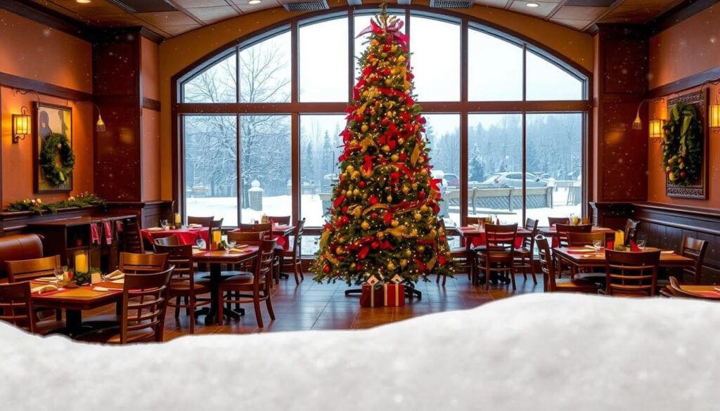 Olive Garden Holiday Hours: A Cozy Winter Scene A warm, inviting interior of an Olive Garden restaurant, lit by the soft glow of twinkling holiday lights. A large Christmas tree stands in the center, adorned with ornaments and garlands. Wooden tables and chairs are arranged neatly, with festive red and green tablecloths and centerpieces. The walls are decorated with rustic, Italian-inspired artwork and holiday wreaths. Through the large windows, a snowy winter landscape can be seen outside, with a light dusting of snow covering the ground. The atmosphere is one of comfort, celebration, and holiday cheer, perfectly capturing the spirit of the Olive Garden's special holiday operating schedule. Olive Garden Holiday Hours: A Cozy Winter Scene A warm, inviting interior of an Olive Garden restaurant, lit by the soft glow of twinkling holiday lights. A large Christmas tree stands in the center, adorned with ornaments and garlands. Wooden tables and chairs are arranged neatly, with festive red and green tablecloths and centerpieces. The walls are decorated with rustic, Italian-inspired artwork and holiday wreaths. Through the large windows, a snowy winter landscape can be seen outside, with a light dusting of snow covering the ground. The atmosphere is one of comfort, celebration, and holiday cheer, perfectly capturing the spirit of the Olive Garden's special holiday operating schedule.