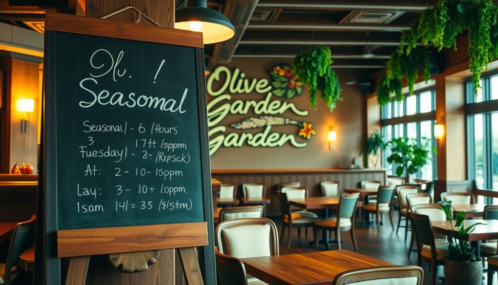 Olive Garden Seasonal Hours: A cozy, well-lit restaurant interior, with warm, inviting lighting and a rustic, Italian-inspired ambiance. In the foreground, a large chalkboard sign displays the Olive Garden's seasonal hours, written in elegant calligraphy. The middle ground features the iconic Olive Garden logo and branding, subtly integrated into the scene. The background showcases a panoramic view of the restaurant's dining area, with wooden tables, plush chairs, and lush, potted plants creating a relaxing, comfortable atmosphere. Olive Garden Seasonal Hours: A cozy, well-lit restaurant interior, with warm, inviting lighting and a rustic, Italian-inspired ambiance. In the foreground, a large chalkboard sign displays the Olive Garden's seasonal hours, written in elegant calligraphy. The middle ground features the iconic Olive Garden logo and branding, subtly integrated into the scene. The background showcases a panoramic view of the restaurant's dining area, with wooden tables, plush chairs, and lush, potted plants creating a relaxing, comfortable atmosphere.