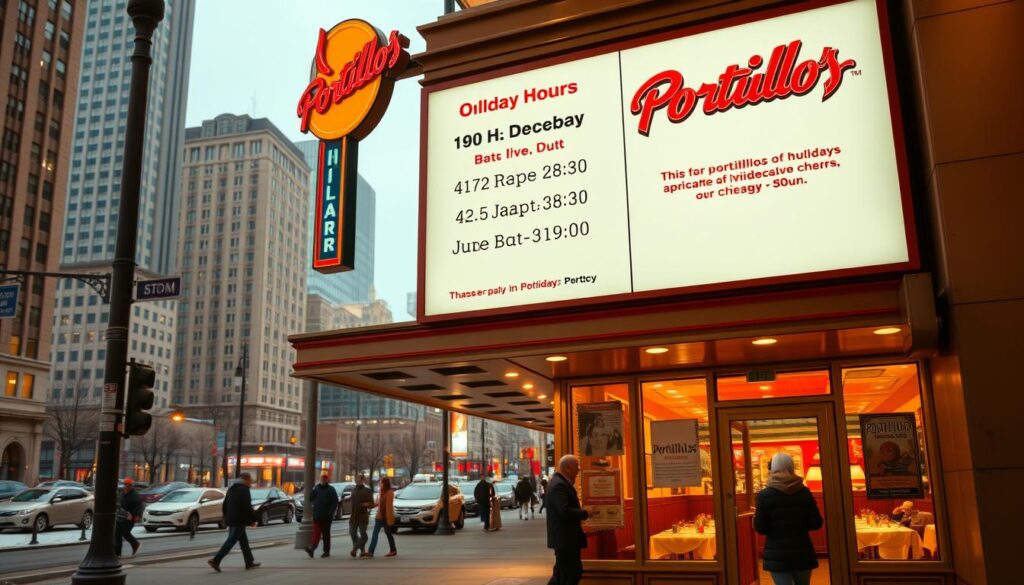 Portillo's Holiday Hours Schedule: A vibrant, realistic storefront display showcasing the holiday hours of the renowned Portillo's restaurant chain. Set in a warm, inviting atmosphere, the scene features a large, prominent sign detailing the operating schedule for major holidays, rendered in a clean, typographic style. The storefront is bathed in soft, golden lighting, highlighting the classic, Chicago-style architectural details. In the foreground, a tidy, well-maintained entryway leads customers inside, while the middle ground showcases the bustling urban setting, with pedestrians and cars passing by. In the background, a cityscape of tall buildings and a winter sky creates a sense of place, underscoring the importance of this cherished local institution during the holiday season. Portillo's Holiday Hours Schedule: A vibrant, realistic storefront display showcasing the holiday hours of the renowned Portillo's restaurant chain. Set in a warm, inviting atmosphere, the scene features a large, prominent sign detailing the operating schedule for major holidays, rendered in a clean, typographic style. The storefront is bathed in soft, golden lighting, highlighting the classic, Chicago-style architectural details. In the foreground, a tidy, well-maintained entryway leads customers inside, while the middle ground showcases the bustling urban setting, with pedestrians and cars passing by. In the background, a cityscape of tall buildings and a winter sky creates a sense of place, underscoring the importance of this cherished local institution during the holiday season.