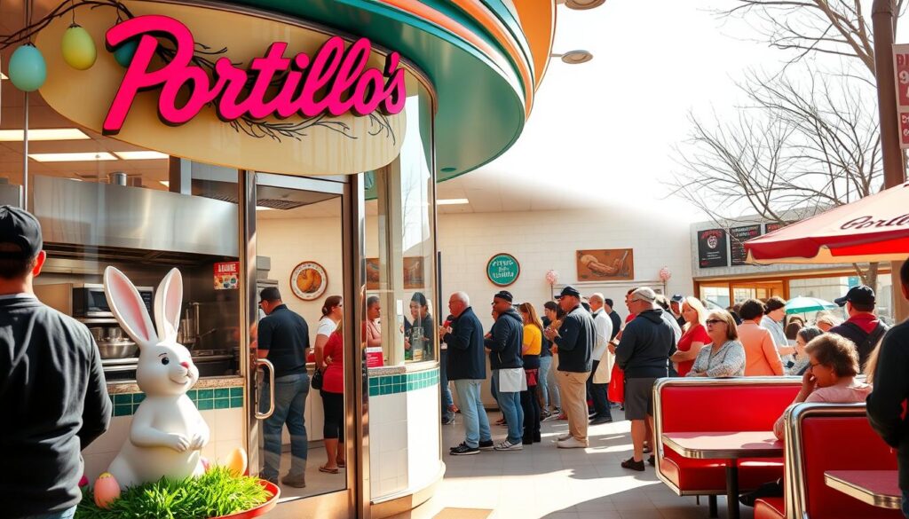Portillo's storefront on a sunny Easter morning, the entrance adorned with pastel-colored egg decorations and a whimsical bunny statue. Customers line up eagerly, peering through the glass at the bustling kitchen staff preparing the restaurant's signature hot dogs and Italian beef sandwiches. The interior is bright and welcoming, with crisp white tiles, gleaming chrome fixtures, and retro-style booths. Warm lighting casts a cozy glow, inviting diners to savor the flavors of this iconic Chicago eatery, even on a holiday. The scene conveys a sense of tradition, community, and the joy of indulging in beloved comfort foods. Portillo's storefront on a sunny Easter morning, the entrance adorned with pastel-colored egg decorations and a whimsical bunny statue. Customers line up eagerly, peering through the glass at the bustling kitchen staff preparing the restaurant's signature hot dogs and Italian beef sandwiches. The interior is bright and welcoming, with crisp white tiles, gleaming chrome fixtures, and retro-style booths. Warm lighting casts a cozy glow, inviting diners to savor the flavors of this iconic Chicago eatery, even on a holiday. The scene conveys a sense of tradition, community, and the joy of indulging in beloved comfort foods.