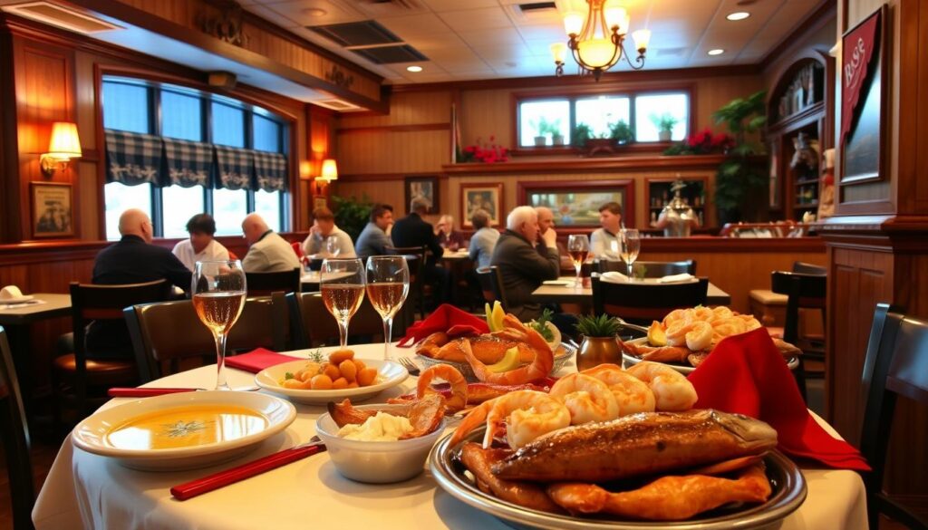 Prompt A cozy, well-lit interior of a Red Lobster restaurant, with rustic wood paneling, nautical decor, and warm lighting. In the foreground, a table is set with a crisp white tablecloth, vibrant red napkins, and glimmering stemware. A seafood feast is displayed, featuring a variety of seasonal dishes like lobster bisque, crab-stuffed shrimp, and a platter of fresh-caught fish. In the background, patrons are seated at tables, enjoying their meals and the lively atmosphere. The scene conveys a sense of celebration and indulgence, capturing the essence of Red Lobster's seasonal dining experiences. Prompt A cozy, well-lit interior of a Red Lobster restaurant, with rustic wood paneling, nautical decor, and warm lighting. In the foreground, a table is set with a crisp white tablecloth, vibrant red napkins, and glimmering stemware. A seafood feast is displayed, featuring a variety of seasonal dishes like lobster bisque, crab-stuffed shrimp, and a platter of fresh-caught fish. In the background, patrons are seated at tables, enjoying their meals and the lively atmosphere. The scene conveys a sense of celebration and indulgence, capturing the essence of Red Lobster's seasonal dining experiences.